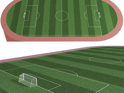 Professional Football Field With Green Grass Turf Red Running Track And Goalposts 3d model