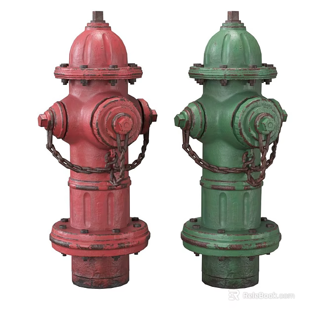 Red and Green Vintage Fire Hydrants With Chains And Classic Design 3d model 