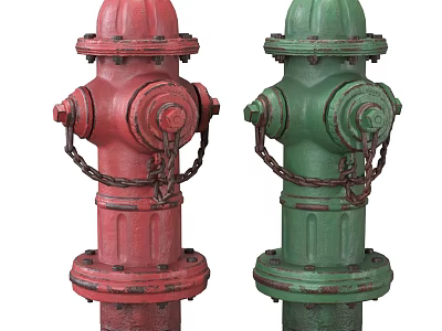 Red and Green Vintage Fire Hydrants With Chains And Classic Design 3d model