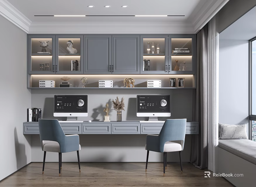 Modern Study Room Interior With Gray Cabinets Two Computers And Blue Chairs 3d model 