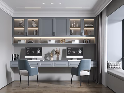 Modern Study Room Interior With Gray Cabinets Two Computers And Blue Chairs 3d model