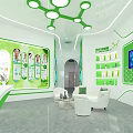 Modern Green Exhibition Interior With Sofa Display Shelves Digital Screen And White Seating 3d model