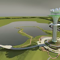 Modern Flower Shaped Top Tower Featuring White Structure Green Framework and Waterfront Park Roads 3d model