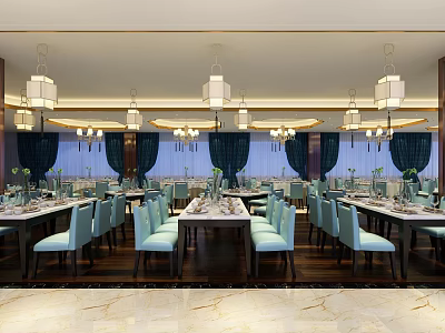 Elegant Restaurant Interior With Long Dining Tables Blue Chairs Hanging Lamps And Curtains 3d model