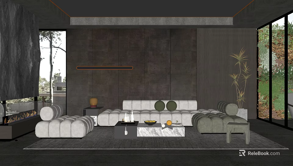 Modern Living Room Interior With Dark Gray Walls White Sectional Sofa And Marble Coffee Table 3d model 