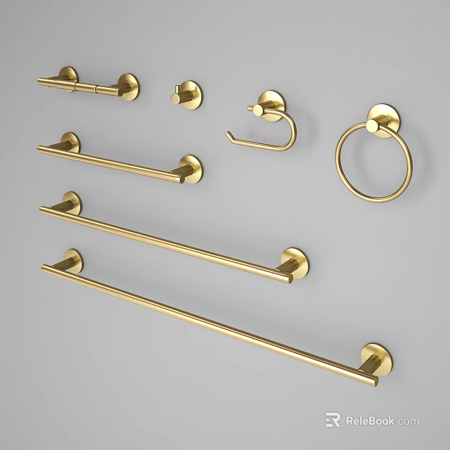 Golden Metal Bathroom Hooks With Towel Bars Single Hooks And Ring Design Wall Mounted 3d model 