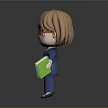 3D Doll With Brown Hair Red Glasses Blue Suit Holding Green Book With CGI Text