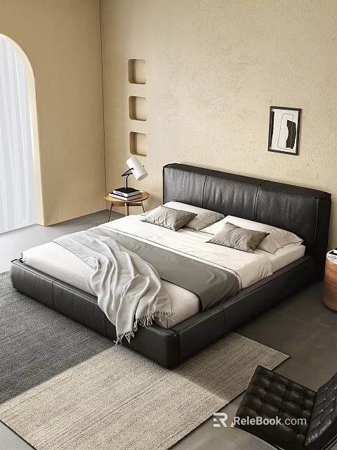 Modern Leather Double Bed With Gray Pillows Blanket Side Table Lamp Books Beige Wall Framed Art 3d model 