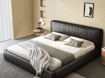 Modern Leather Double Bed With Gray Pillows Blanket Side Table Lamp Books Beige Wall Framed Art 3d model