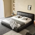Modern Leather Double Bed With Gray Pillows Blanket Side Table Lamp Books Beige Wall Framed Art