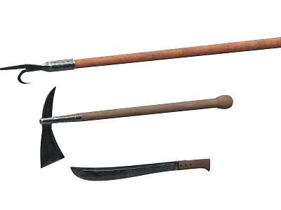 Traditional Ancient Weapons With Wooden Handles And Metal Blades Including Axe Sickle And Machete 3d model