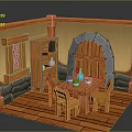 Rustic Medieval Interior Scene With Wooden Floor Table Chairs Stone Arch Blue Vases And Shelf