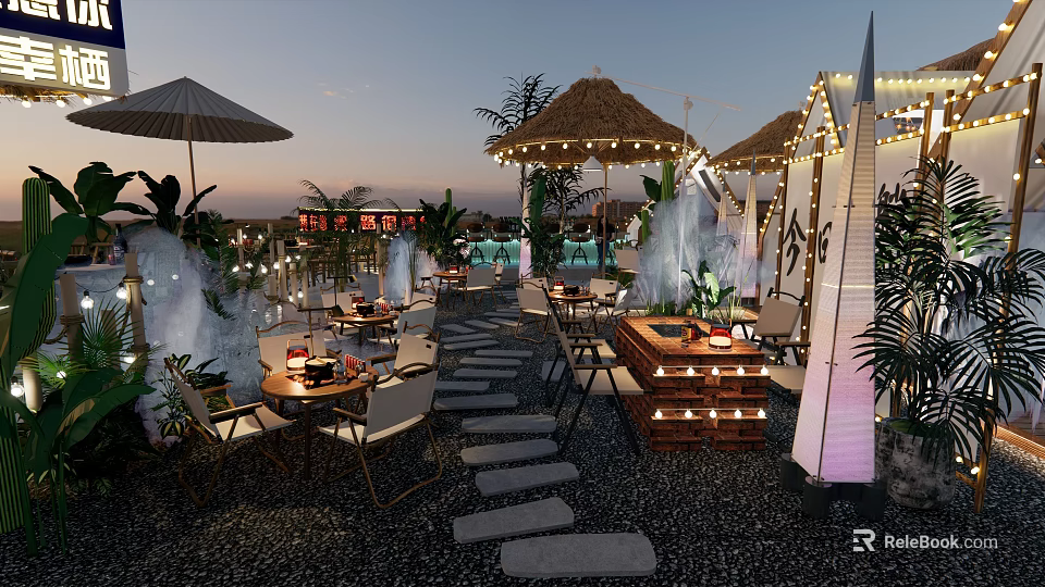Outdoor Restaurant Dining Area With Thatched Roof String Lights Fountain And Stone Path 3d model 