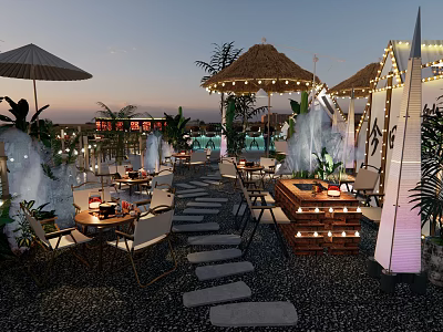 Outdoor Restaurant Dining Area With Thatched Roof String Lights Fountain And Stone Path 3d model