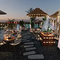 Outdoor Restaurant Dining Area With Thatched Roof String Lights Fountain And Stone Path