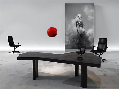 Modern Black Desk Interior Design With Suspended Red Sphere Black Chairs And Monochrome Artwork 3d model