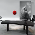 Modern Black Desk Interior Design With Suspended Red Sphere Black Chairs And Monochrome Artwork