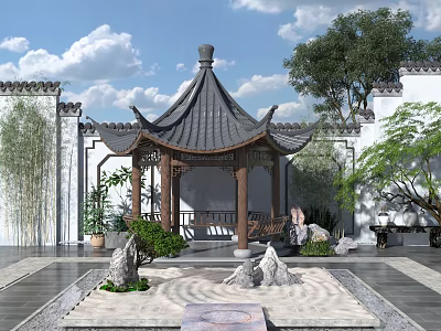 Traditional Chinese Courtyard With Pavilion Rockery Stones Bamboo And Cloudy Sky 3d model