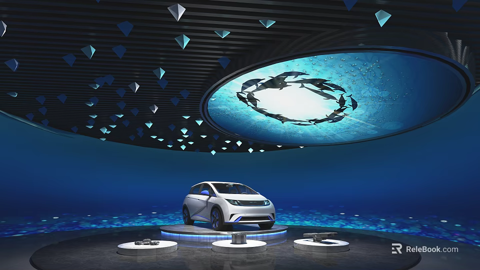 Modern Exhibition Hall Interior With Triangular Ceiling Decorations And Vehicle Display Platform 3d model 