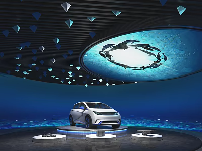 Modern Exhibition Hall Interior With Triangular Ceiling Decorations And Vehicle Display Platform 3d model