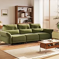Green Modern Sofa And Wooden Coffee Table Set With Blinds Plant Bookshelf And Rug