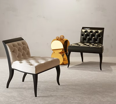Elegant Beige And Black Leather Button Tufted Accent Chairs With Gold Round Side Table 3d model