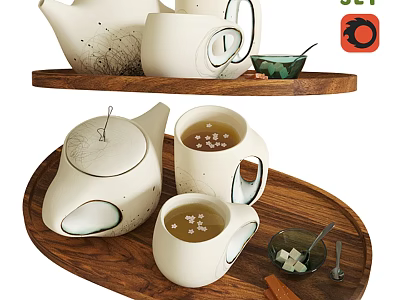 Elegant Ceramic Tea Set With Teapot Mugs Wooden Tray Tea Sugar Cubes And Spoon 3d model