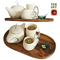 Elegant Ceramic Tea Set With Teapot Mugs Wooden Tray Tea Sugar Cubes And Spoon