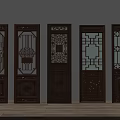 Traditional Chinese Wooden Carved Doors with Intricate Patterns and Decorative Designs Arranged in a Row