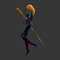 Female Action Figures With Blonde Hair Blue Suit Red Accessories Golden Staff Front Back Views