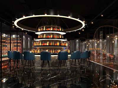 Modern Bar Interior Design With Circular Chandelier Blue Stools And Drink Shelves 3d model