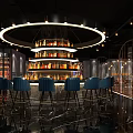 Modern Bar Interior Design With Circular Chandelier Blue Stools And Drink Shelves