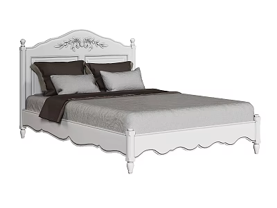 Elegant White Double Bed With Carved Headboard Dark Pillows And Gray Bedding 3d model