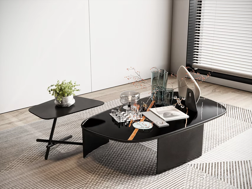 Modern Black Coffee Table Design With Sleek Side Table Green Plant Glassware And Books 3d model 