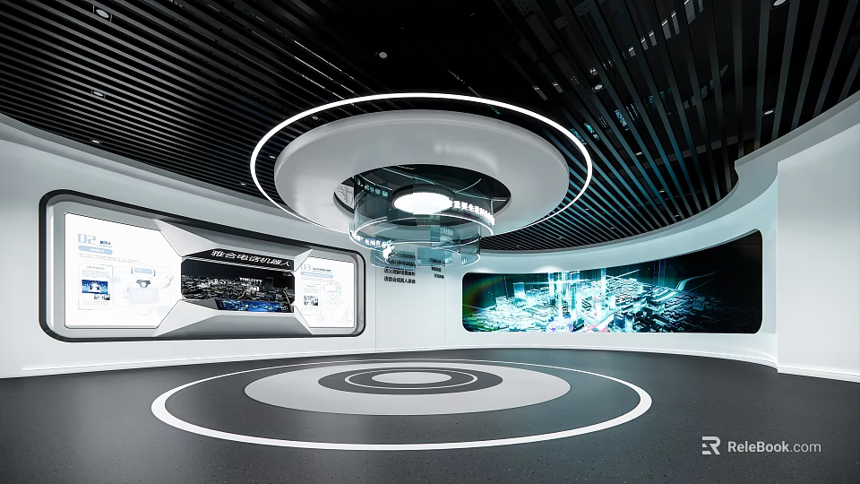 Modern Exhibition Hall with Circular Floor Pattern and Curved Digital Display Walls 3d model 