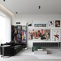 Modern Living Room Interior Design with Black Sofa Art Paintings Coffee Table and Patterned Rug