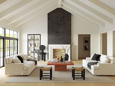 Cozy Living Room With Vaulted Ceiling Fireplace And Sofas 3d model