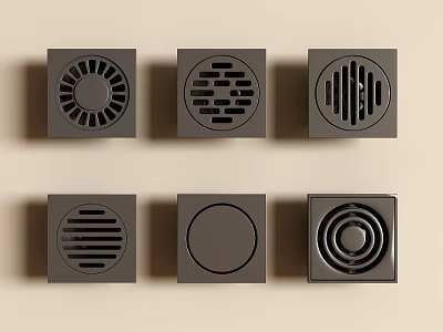 Modern Black Square Floor Drains With Various Patterns On Beige Background 3d model