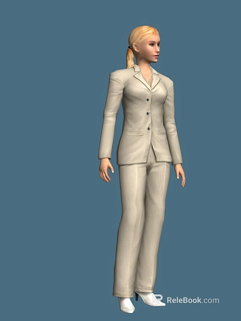 Professional Woman in Light Gray Formal Suit Standing Against Solid Blue Background 3d model