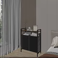 Modern Bathroom Vanity With Mirror Black Storage Shelf Towels Toiletries And Wicker Basket