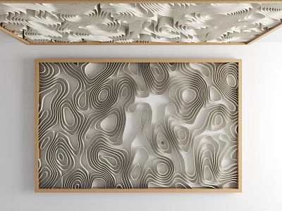 Modern Ceiling Design Featuring Intricate Wavy Patterns And Textured Wooden Frame Details 3d model