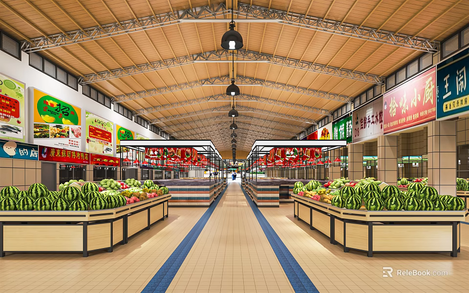 Supermarket Interior With Fresh Produce Stalls And Wooden Ceiling Hanging Lights 3d model 