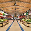 Supermarket Interior With Fresh Produce Stalls And Wooden Ceiling Hanging Lights