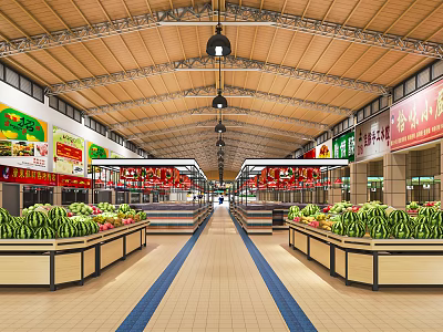 Supermarket Interior With Fresh Produce Stalls And Wooden Ceiling Hanging Lights 3d model