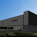 Modern Industrial Factory Building With White Exterior Glass Curtain Wall Trucks And Landscaped Greenery