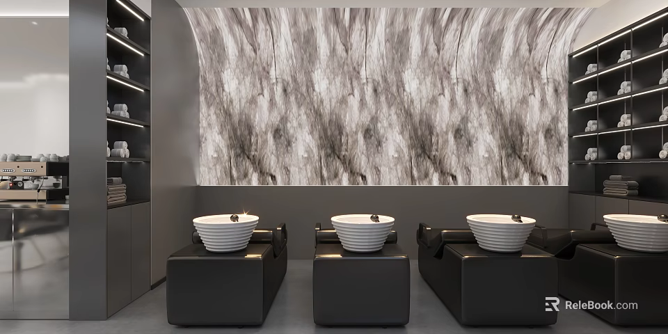 Hair Salon Interior With Marble Walls Black Leather Hair Chairs White Bowls And Storage Cabinets 3d model 