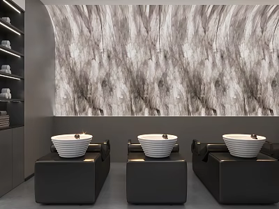 Hair Salon Interior With Marble Walls Black Leather Hair Chairs White Bowls And Storage Cabinets 3d model