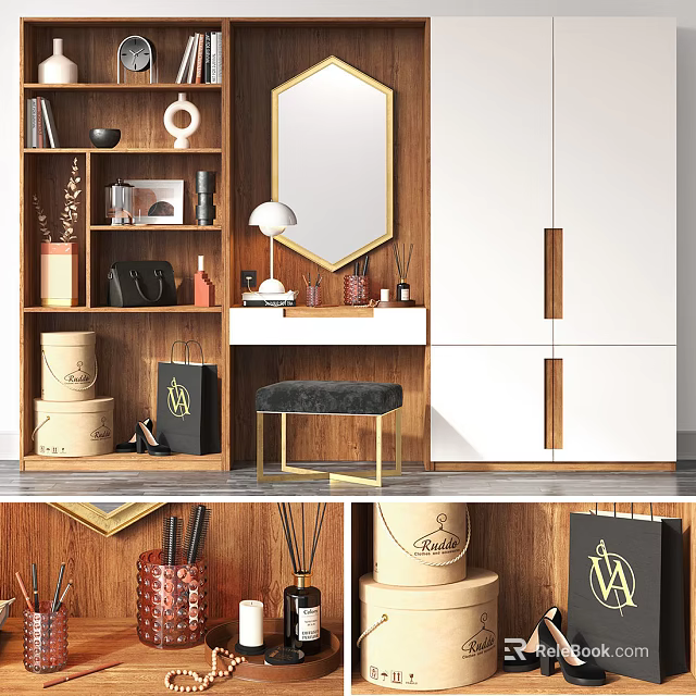 Modern Dressing Table With Gold Frame Mirror Stool And White Storage Cabinets 3d model