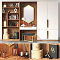 Modern Dressing Table With Gold Frame Mirror Stool And White Storage Cabinets 3d model