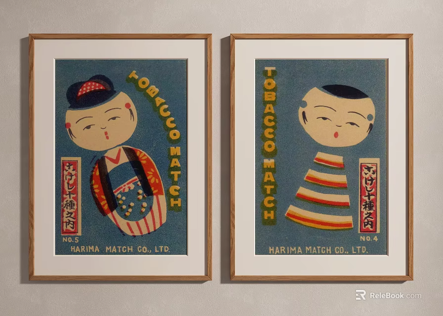 Vintage Tobacco Match Posters Framed With Traditional Figures By Maruhin Match Co Ltd 3d model 